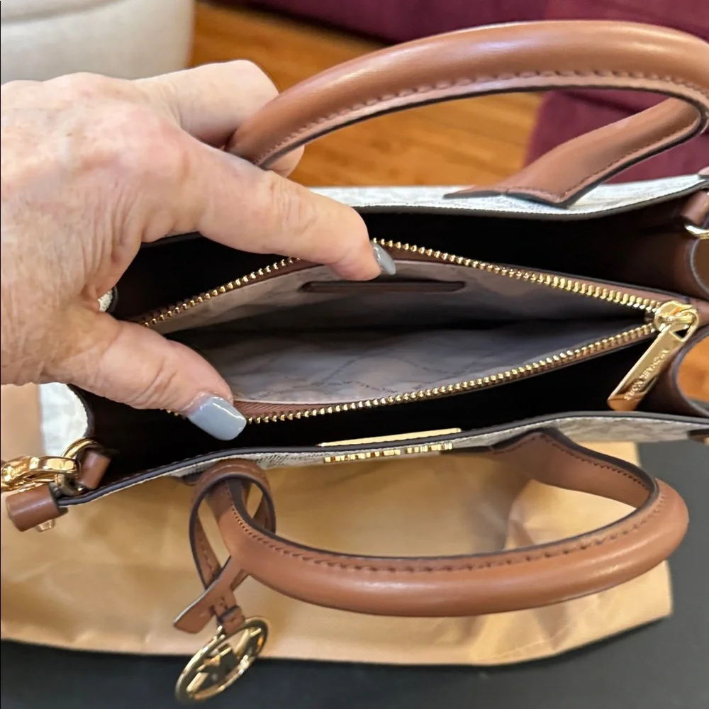 Michael Kors Beige/Chestnut Signature Canvas Satchel with Logo Strap - Picture 3 of 6